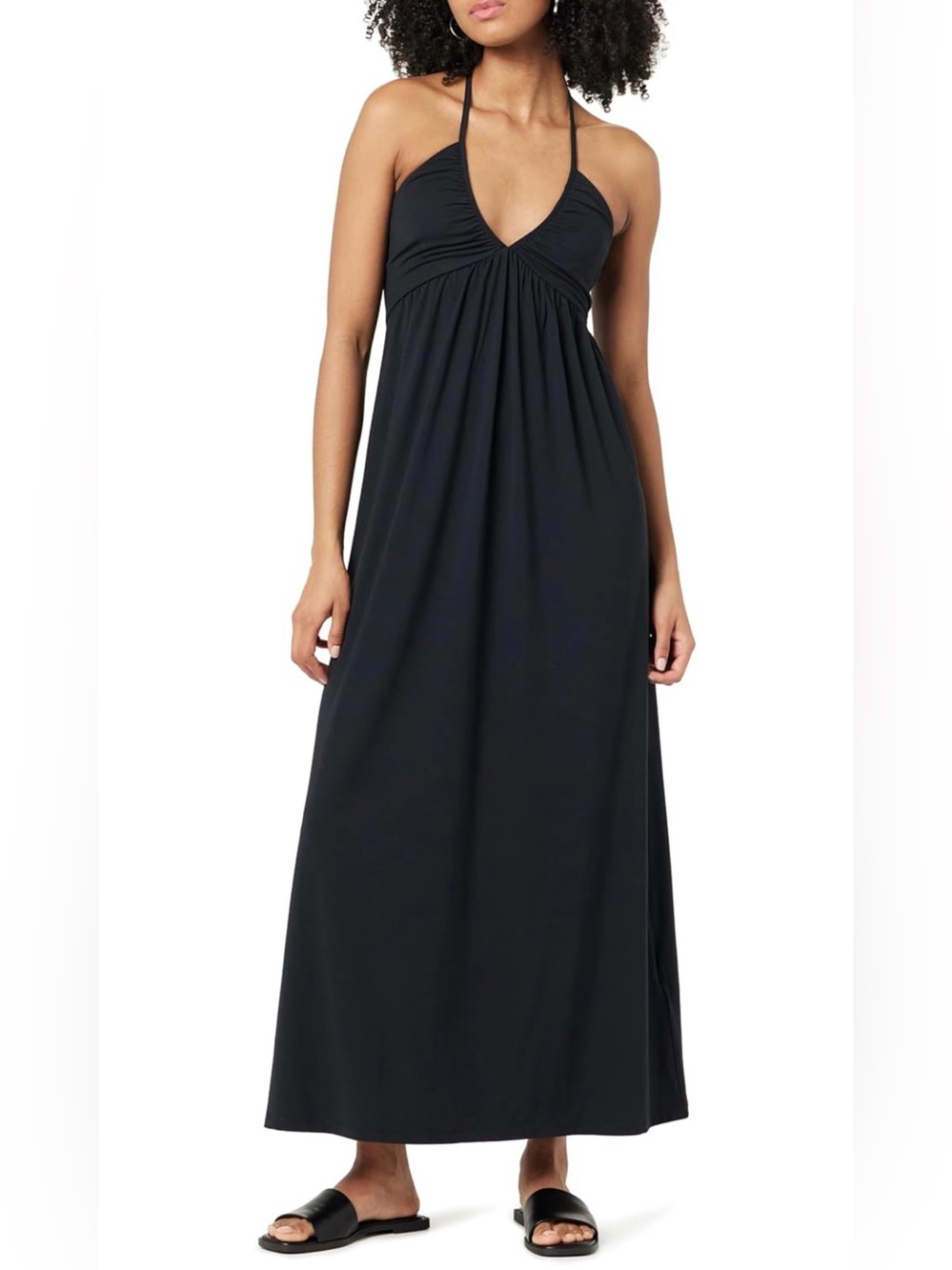 The Drop Sleek Black Halter Maxi Dress with Gathered Empire Waist - XXL
